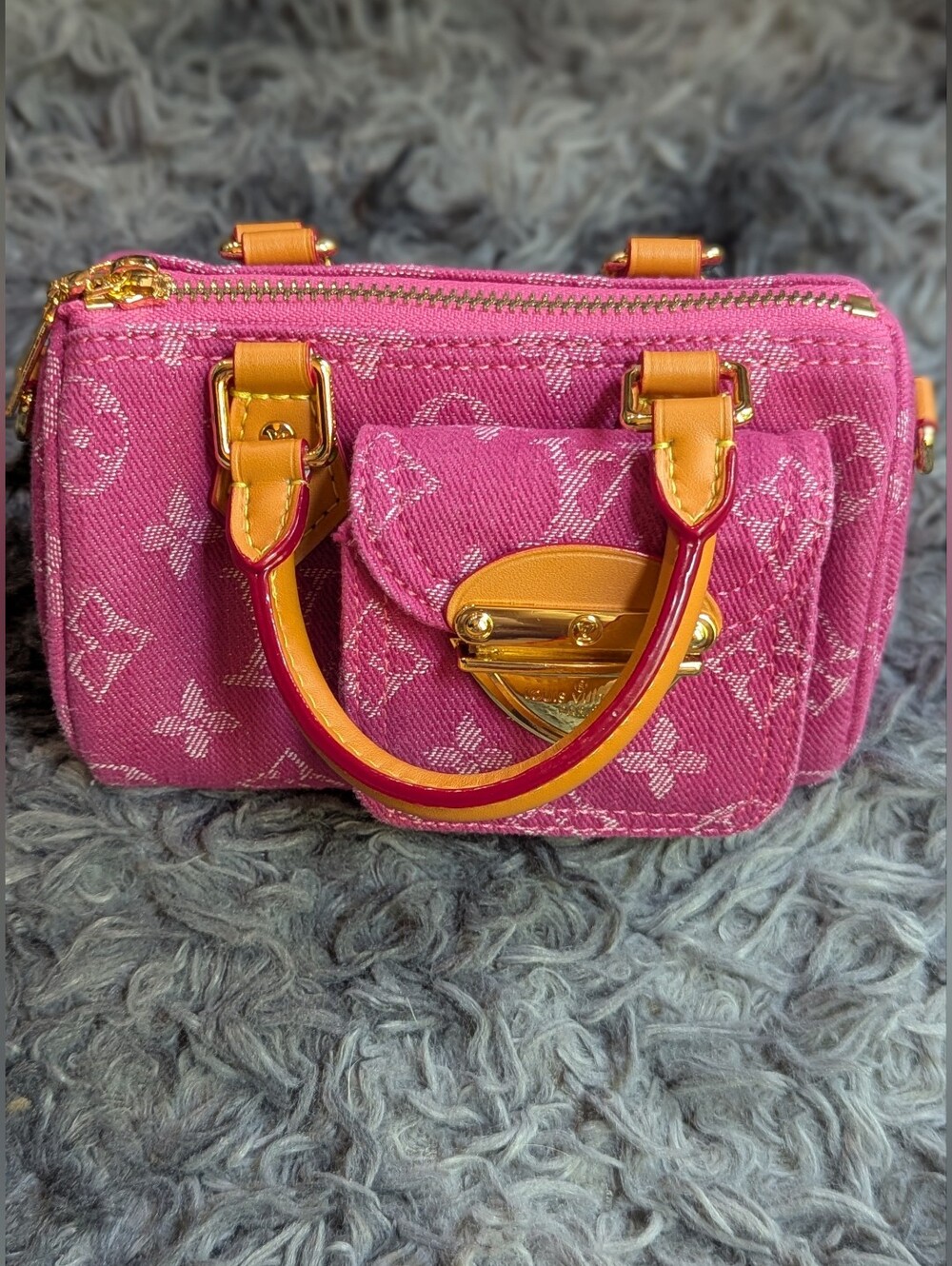 Louis Vuitton Blue Denim Mini Satchel with Tan Handles and Gold Hardware - Picture 9 of 10